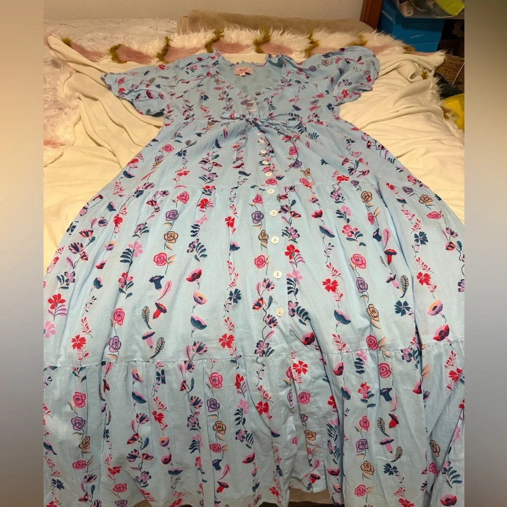 Banjanan FlLight Blue Floral Print Tiered Maxi Dress Women’s Medium - Picture 4 of 8